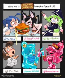  6+girls absurdres animal_ears bad_id bad_twitter_id black_hair blue_hair blush borrowed_character brown_hair burger character_request collared_shirt colored_sclera cup dango english_text eyeball food green_hair grey_shirt hanami_(bourbunbun) hat highres hu-er_(robot_cat) kyu-bum_lee long_sleeves multicolored_hair multiple_drawing_challenge multiple_girls open_mouth original plate saliva shirt six_fanarts_challenge skye_(hcnone) upper_body wagashi white_shirt yellow_sclera 