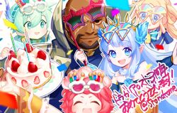  2boys 3girls 5tonokome bad_id bad_twitter_id bald beard blonde_hair blue_hair cake dragalia_lost eyewear_on_head facial_hair food green_hair lily_(granblue_fantasy) long_hair lowen_(dragalia_lost) maribelle_(dragalia_lost) multiple_boys multiple_girls pia_(dragalia_lost) pink_hair strawberry_shortcake upper_body victor_(dragalia_lost) 