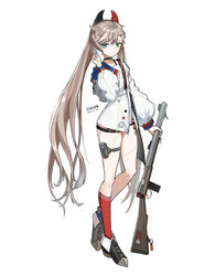  absurdres asymmetrical_legwear blue_eyes blue_legwear brown_hair choker de_lisle_(girls&#039;_frontline) de_lisle_carbine earbuds earphones expressionless female full_body girls&#039;_frontline green_eyes gun heterochromia highres long_hair long_sleeves looking_at_viewer mismatched_legwear mole mole_under_eye multicolored_hair pouch red_socks rifle safety_pin sakatakin shoes socks solo stitched_leg stitches streaked_hair thigh_pouch twintails uneven_legwear very_long_hair weapon white_background white_hair 