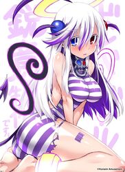  ahoge blue_eyes blush bombergirl bombergirl573 breasts embarrassed female hair_between_eyes hair_ornament halo heterochromia highres large_breasts long_hair looking_at_viewer o-ring official_art open_mouth papuru_(bombergirl) purple_hair red_eyes simple_background solo striped tail 