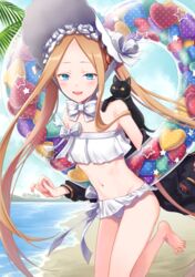  abigail_williams_(fate) abigail_williams_(swimsuit_foreigner)_(fate) abigail_williams_(swimsuit_foreigner)_(third_ascension)_(fate) bare_shoulders beach bikini black_cat black_jacket blonde_hair blue_eyes blue_sky blush bonnet bow braid breasts day fate/grand_order fate_(series) feline female forehead hair_rings hairbow highres innertube jacket long_hair looking_at_viewer miniskirt navel off_shoulder open_mouth outdoors parted_bangs rainsp shore sidelocks skirt sky small_breasts smile swim_ring swimsuit twin_braids twintails very_long_hair white_bikini white_bow white_headwear 