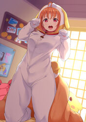  ahoge animal_costume corkboard cosplay cowboy_shot dog_costume female highres indoors kanabun kneeling looking_at_viewer love_live! love_live!_sunshine!! open_mouth orange_hair paw_pose red_eyes ribbon round_teeth shiitake_(love_live!_sunshine!!) shiitake_(love_live!_sunshine!!)_(cosplay) short_hair smile solo stuffed_toy takami_chika teeth upper_teeth window yellow_ribbon 