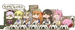  +_+ 1other 6+girls ahoge akagi_(kancolle) akari_ga_yatte_kitazo_(vocaloid) animal_ears artoria_pendragon_(fate) ascot black_hair blonde_hair blue_sailor_collar bowl chopsticks closed_eyes collared_shirt crossover eating fate/grand_order fate/stay_night fate_(series) food food_on_face glutton grey_hair grey_shirt gyari_(imagesdawn)_(style) hair_between_eyes hair_bun hakama hakama_skirt heart holding holding_chopsticks holding_food horse_ears horse_girl japanese_clothes kagamihara_nadeshiko kantai_collection kirby kirby_(series) long_hair long_sleeves miyamoto_musashi_(fate) mr._ebidou multiple_girls muneate neckerchief oguri_cap_(umamusume) orange_hair pecorine_(princess_connect!) pink_hair ponytail princess_connect! red_ascot red_hakama red_neckerchief saber_(fate) sailor_collar scarf shirt simple_background single_hair_bun skirt smile sweater tasuki tiara trait_connection umamusume white_background white_scarf yellow_sweater yurucamp 