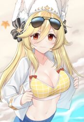  alternate_breast_size animal_ears beach bikini bikini_top_only bikini_under_clothes black_bow blonde_hair bow bow_swimsuit breasts cleavage commentary english_commentary eyewear_on_head fake_animal_ears female fur_hat girls&#039;_frontline gold_trim hair_between_eyes hat hat_bow highres large_breasts light_blush light_smile long_hair long_sleeves looking_at_viewer nagant_revolver_(girls&#039;_frontline) nagant_revolver_(mod3)_(girls&#039;_frontline) navel open_clothes open_shirt red_bow red_eyes rynzfrancis sand shirt sidelocks solo starfish sunglasses swimsuit undressing ushanka water white_shirt yellow_bikini 