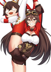  amber_(genshin_impact) baron_bunny_(genshin_impact) belt belt_buckle breasts brown_belt brown_eyes brown_hair brown_shorts buckle cawfield commentary_request female genshin_impact goggles goggles_on_head grin highres looking_at_viewer medium_breasts open_mouth shorts simple_background smile solo split standing standing_on_one_leg standing_split teeth thighhighs white_background 