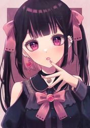  black_hair bow choker colored_eyelashes colored_inner_hair ear_piercing earrings female finger_to_mouth head_tilt heart highres jewelry junineu locket multicolored_hair nail_polish necklace original pendant piercing pink_eyes pink_theme ribbon solo twintails upper_body 