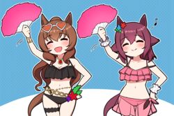  2girls :d ^_^ animal_ears arm_up bare_shoulders bikini black_bikini blue_background blue_flower blush breasts brown-tinted_eyewear brown_hair cleavage closed_eyes closed_mouth commentary_request eighth_note eyewear_on_head flower folding_fan hair_between_eyes hair_flower hair_ornament hand_fan hand_on_own_hip heart heart-shaped_eyewear highres holding holding_fan horse_ears horse_girl horse_tail jewelry long_hair maruzensky_(blasting_off_summer_night)_(umamusume) maruzensky_(umamusume) medium_breasts multiple_girls musical_note navel o-ring o-ring_bikini o-ring_top official_alternate_costume pendant pink_bikini polka_dot polka_dot_background ponytail purple_hair red_flower sakura_chiyono_o_(sakura_hearts_are_super_good_hearts)_(umamusume) sakura_chiyono_o_(umamusume) see-through smile sunflower swimsuit tail takiki thigh_gap tinted_eyewear two-tone_background umamusume very_long_hair white-framed_eyewear white_background wrist_cuffs 