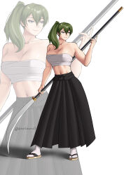  absurdres bandages bare_arms bare_shoulders black_hakama breasts chest_sarashi cleavage collarbone english_commentary female green_hair hakama hand_up highres holding holding_polearm holding_weapon japanese_clothes long_hair midriff naginata navel obosounds polearm sandals sarashi side_ponytail simple_background smile socks sousou_no_frieren standing stomach strapless tube_top ubel_(sousou_no_frieren) weapon white_background white_socks zoom_layer 