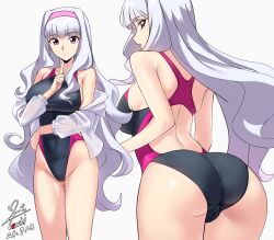  ass back breasts cameltoe cleft_of_venus commission competition_swimsuit female hairband highres idolmaster idolmaster_(classic) long_hair looking_at_viewer one-piece_swimsuit pink_hairband pixiv_commission purple_eyes shijou_takane solo swimsuit thighs white_background white_hair yoo_tenchi 