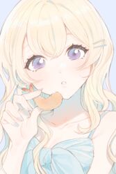  43_pon bad_id bad_twitter_id bare_shoulders blonde_hair blue_background blue_nails female food hair_between_eyes hair_ornament hairclip hand_up highres holding holding_food long_hair looking_at_viewer nail_polish original parted_lips purple_eyes shrimp shrimp_tempura solo spaghetti_strap tempura upper_body 