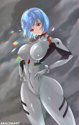  arachnart ass_visible_through_thighs ayanami_rei blue_hair bodysuit breasts covered_nipples covered_pussy female highres interface_headset large_breasts looking_at_viewer neon_genesis_evangelion plugsuit red_eyes short_hair skin_tight solo thighs white_bodysuit 