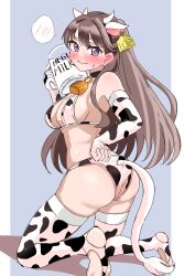  3: alternate_costume animal_ear_hairband animal_ears animal_print ass bell bikini black_hairband blush breasts brown_hair cleavage closed_mouth commentary_request cow_ears cow_horns cow_print cow_print_bikini cow_print_gloves cow_print_thighhighs cow_tail cowbell ear_blush ereka fake_animal_ears fake_tail female fujishima_megumi gloves grey_background hairband hand_on_own_hip heel-less_legwear highres holding holding_pitcher horn_hairband horns kneeling large_breasts link!_like!_love_live! long_hair looking_at_viewer love_live! milk neck_bell outside_border pillarboxed pitcher_(container) print_bikini print_gloves print_thighhighs purple_eyes simple_background solo speech_bubble spoken_blush stomach sweatdrop swimsuit tail thighhighs two_side_up virtual_youtuber 