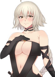  absurdres ahoge areola_slip black_dress black_gloves blush braid braided_ponytail breasts cleavage closed_mouth commentary_request cosplay dress elbow_gloves embarrassed fate/grand_order fate_(series) female gloves grey_hair hand_on_own_chest highres jeanne_d&#039;arc_alter_(fate) long_hair looking_at_viewer navel ogaga666 simple_background solo upper_body white_background yellow_eyes yu_mei-ren_(fate) yu_mei-ren_(fate)_(cosplay) 