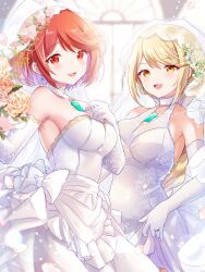  2girls blonde_hair blurry blurry_background bouquet braid cherry_blossoms clothes_lift cowboy_shot dress dress_lift flower halter_dress halterneck highres holding holding_bouquet indoors long_hair looking_at_viewer multiple_girls mythra_(xenoblade) petals pyra_(xenoblade) red_eyes red_hair rose see-through see-through_veil short_hair strapless strapless_dress ui_frara veil wedding_dress white_veil window xenoblade_chronicles_(series) xenoblade_chronicles_2 yellow_eyes 