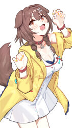  :3 :d animal_ears blush bone_hair_ornament braid breasts brown_eyes brown_hair cartoon_bone chilakkk claw_pose collar commentary cowboy_shot dog_ears dress female hair_between_eyes hair_ornament highres hololive inugami_korone jacket long_hair long_sleeves looking_at_viewer medium_breasts nail_polish oerba_yun_fang open_mouth red_collar simple_background smile solo twin_braids virtual_youtuber white_background white_dress wristband yellow_jacket yellow_nails 