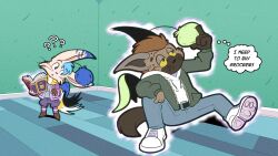  16:9 ambiguous_gender antennae_(anatomy) anthro belt clothing dialogue duo erakir_(character) footwear grimoire hoodie ivalician_moogle jacket magical_transformation mid_transformation pom_antennae shoes shoes_on speech_bubble topwear transformation trevor-fox whiskers widescreen 