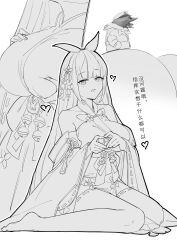  absurdres animal_ears azur_lane bare_shoulders bell breasts chinese_text commander_(azur_lane) daisen_(azur_lane) female grabbing_own_breast greyscale hair_ornament heart heart_hands highres horse_ears horse_girl japanese_clothes jingle_bell large_breasts long_hair looking_at_viewer monochrome nontraditional_miko parted_lips ribbon-trimmed_thighhighs ribbon_trim sitting stenerwg thighhighs translation_request wariza 