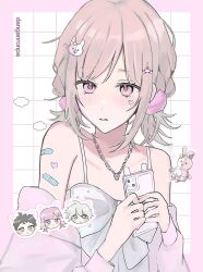  bare_shoulders camisole cellphone copyright_name danganronpa_(series) danganronpa_2:_goodbye_despair female galaga highres hinata_hajime holding holding_phone komaeda_nagito monomi_(danganronpa) nanami_chiaki phone pink_eyes pink_hair shima_(fm_90mhz) smartphone solo_focus upper_body white_camisole 