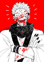  1boy absurdres arm_tattoo artist_name black_nails black_scarf blood blood_on_face center_opening crossed_arms extra_eyes facial_tattoo fangs forehead_tattoo highres japanese_clothes jujutsu_kaisen kimono looking_at_viewer male_focus nail_polish red_background red_eyes red_tongue ryoumen_sukuna_(jujutsu_kaisen) scarf solo spot_color stifled_laugh tattoo tongue_tattoo trrnk0303 twitter_username upper_body white_kimono 