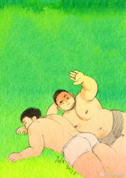  2boys ass bara beard_stubble belly black_hair blinding_light boxers couple facial_hair grass highres large_pectorals lying male_focus male_underwear multiple_boys nipples on_stomach one_eye_closed original outstretched_arm pectorals plump short_hair sleeping solid_circle_eyes sparse_navel_hair stubble sunlight takadeshenghuo thick_eyebrows thighs underwear yaoi 