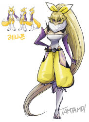  artist_name blonde_hair breasts closed_mouth digimon digimon_(creature) elbow_gloves female full_body fur_scarf gloves hand_on_own_hip humanization korean_commentary large_breasts leotard long_hair pants purple_eyes purple_gloves reference_inset renamon ribbon signature simple_background tamtamdi toenails very_long_hair white_background white_leotard yellow_pants yellow_ribbon yin_yang 