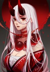  bare_shoulders bead_necklace beads blood blood_from_eyes blood_moon_diana breasts chest_sarashi cleavage demon_horns diana_(league_of_legends) gradient_background grey_background horns japanese_clothes jewelry kimono large_breasts league_of_legends long_eyelashes looking_at_viewer moon necklace off_shoulder oni_girl pale_skin prayer_beads red_eyes red_kimono red_lips red_moon sarashi songjikyo white_hair 