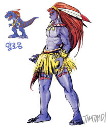  1boy allomon artist_name barefoot bodypaint colored_skin digimon digimon_(creature) earrings fingernails full_body grass_skirt jewelry korean_commentary long_hair male_focus navel pectorals personification purple_skin red_hair reference_inset sharp_fingernails signature tamtamdi toenails toned toned_male topless_male veins veiny_arms white_background 