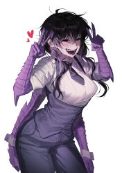  0820_lakia :d absurdres arms_at_sides black_eyes black_hair black_necktie black_pants blush collared_shirt cowboy_shot double_v extra_arms female heart high-waist_pants highres korean_commentary leaning_forward low_twintails messy_hair monster_girl necktie original pale_skin pants sharp_teeth shirt simple_background sleeves_rolled_up smile solo teeth twintails v vest white_background white_shirt wrist_cuffs 