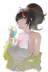  absurdres alternate_costume bad_id bad_pixiv_id black_hair breasts camisole commentary cropped_torso cup drinking drinking_straw drinking_straw_in_mouth female hand_up highres holding holding_cup jacket large_breasts looking_at_viewer looking_to_the_side off_shoulder ponytail red_eyes simple_background solo white_background white_camisole yellow_jacket yingmusang-l1f zenless_zone_zero zhu_yuan 