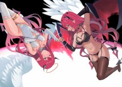  2girls absurdres angel_and_devil angel_wings bare_shoulders black_background black_bra black_halo black_horns black_panties black_sleeves black_thighhighs black_wings blue_eyes bra breasts cleavage commentary cutout_above_navel demon_tail demon_wings dual_persona english_commentary feathered_wings garter_belt halo heterochromia highleg highleg_leotard highres holding_hands hololive hololive_english horns irys_(hololive) large_breasts leotard multicolored_hair multiple_girls navel panties purple_eyes purple_hair red_hair red_wings rotational_symmetry shift_(shiftillust) star_halo tail thighhighs two-tone_hair underwear upside-down_commentary virtual_youtuber white_background white_leotard white_sleeves white_thighhighs white_wings wings yellow_halo 