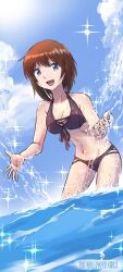  bikini black_bikini blue_eyes breasts brown_hair cleavage cloud cloudy_sky collarbone english_text female front-tie_bikini_top front-tie_top halterneck highres looking_at_viewer medium_hair navel original outdoors sky solo sparkle standing swimsuit tsune_(dreamers_express) wading water 