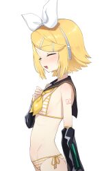  absurdres bikini black_sleeves blonde_hair blush bongnom breasts closed_eyes detached_sleeves female hair_ornament hairband hairclip headphones headset highres kagamine_rin neckerchief number_tattoo open_mouth short_hair simple_background small_breasts smile solo striped_bikini striped_clothes swimsuit tattoo vocaloid white_background yellow_neckerchief 