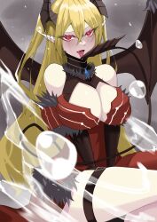  absurdres bare_shoulders blonde_hair breasts cleavage clothing_cutout demon_girl demon_horns demon_tail demon_wings detached_sleeves dress duel_monster elbow_gloves female gloves highres horns lacrima_the_scarlet_sorrow licking_own_tail long_hair mogu1000 pointy_ears red_dress red_eyes shoulder_cutout solo tail thigh_strap wings yu-gi-oh! 