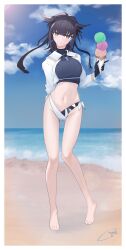  absurdres adapted_costume bikini bikini_bottom_only black_bikini black_hair black_headband bodysuit breasts corinalyce1 female food full_body grey_bikini grey_eyes hachimaki hair_flaps hatsuzuki_(kancolle) hatsuzuki_kai_ni_(kancolle) headband highres holding holding_ice_cream_cone ice_cream ice_cream_cone kantai_collection looking_at_viewer medium_breasts multicolored_bikini multicolored_clothes navel short_hair solo standing swimsuit triple_scoop white_bikini yellow_eyes 