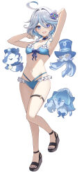  bare_shoulders bikini blue_bikini blue_eyes blue_hair blush breasts female fish full_body furina_(genshin_impact) genshin_impact gentilhomme_usher harimoji hermit_crab highres light_blue_hair looking_at_viewer mademoiselle_crabaletta multicolored_hair navel octopus open_mouth seahorse short_hair small_breasts smile streaked_hair surintendante_chevalmarin swimsuit white_hair 