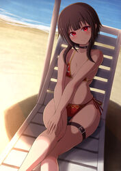  beach beach_chair bikini blunt_bangs breasts brown_hair choker collarbone commentary_request day female from_above glowing glowing_eyes hands_on_own_knee highres kono_subarashii_sekai_ni_shukufuku_wo! looking_at_viewer megumin narrow_waist ocean outdoors partial_commentary ponponmaru red_bikini red_eyes shadow short_hair_with_long_locks side-tie_bikini_bottom sidelocks small_breasts smile solo sweat swimsuit thick_thighs thigh_strap thighs wide_hips 