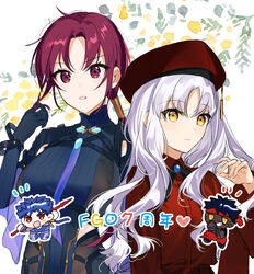  2boys 2girls angra_mainyu_(fate) anniversary armor bazett_fraga_mcremitz black_hair black_ribbon blue_bodysuit blue_hair blue_necktie blush bodysuit breasts brooch buttons caren_hortensia caren_hortensia_(amor_caren) caren_hortensia_(amor_caren)_(second_ascension) chibi commentary_request cu_chulainn_(fate) cu_chulainn_(fate/stay_night) dark-skinned_male dark_skin dress dress_shirt fate/grand_order fate/hollow_ataraxia fate/stay_night fate_(series) floral_background gae_bolg_(fate) hair_tubes hat headband highres holding holding_polearm holding_weapon jewelry large_breasts long_hair long_sleeves looking_at_viewer low_ponytail manannan_mac_lir_(fate) manannan_mac_lir_(second_ascension)_(fate) mini_person miniboy mole mole_under_eye multiple_boys multiple_girls neck_ribbon necktie parted_bangs polearm purple_eyes purple_hair red_dress red_eyes red_headband red_headwear ribbon rizu033 shirt short_hair shoulder_armor size_difference smile spear tattoo upper_body wavy_hair weapon white_background white_hair yellow_eyes 