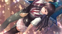  1boy arima_kyouya black_hair black_legwear black_vest blush boku_no_mirai_wa_koi_to_kakin_to breasts brown_hair closed_mouth collared_shirt couple dappled_sunlight female game_cg grey_pants hair_between_eyes half-closed_eyes head_out_of_frame highres holding_hands large_breasts long_hair miniskirt necktie nironiro outdoors pants plaid plaid_skirt pleated_skirt red_eyes red_necktie school_uniform shirt short_sleeves skirt smile standing straight straight_hair sunlight thighhighs very_long_hair vest walking wataya_azusa white_shirt white_skirt wing_collar zettai_ryouiki 