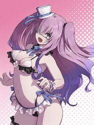  bikini blue_eyes breasts commentary eyepatch fate_(series) female frilled_bikini frills gradient_background hat highres long_hair looking_at_viewer lord_el-melloi_ii_case_files medium_breasts mole mole_under_eye navel pink_background polka_dot polka_dot_background purple_hair ramuya_(lamb) solo swimsuit white_bikini white_hat wrist_cuffs yvette_l._lehrman 