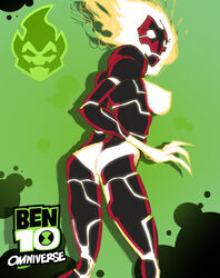  alien alien_humanoid ass ben_10 big_breasts big_butt breasts butt_pose cartoon_network claws elemental_creature elemental_humanoid eyelashes female fire fire_creature fire_humanoid green_background heatblast hi_res humanoid naut_mikro nipples not_furry pose pyronite simple_background solo standing yellow_body 