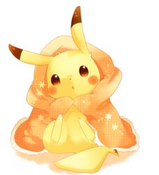  blanket brown_eyes commentary_request daijoubu_da_mondai_nai no_humans open_mouth pikachu pokemon pokemon_(creature) sitting solo tongue ushiina white_background 