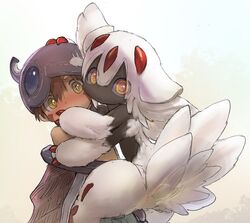  1boy animal_ears blush brown_eyes brown_hair cheek-to-cheek commentary dark-skinned_female dark_skin extra_arms faputa female hand_on_another&#039;s_face heads_together helmet hug long_hair looking_at_viewer made_in_abyss multiple_tails official_art regu_(made_in_abyss) short_hair simple_background straight tail tsukushi_akihito very_dark_skin white_background white_hair yellow_eyes 