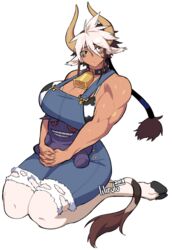  animal_ears animal_print bell biceps body_fur breasts brown_eyes brown_hair cathyl commentary cow_ears cow_girl cow_horns cow_print cow_tail cowbell english_commentary facial_mark female full_body gengar hair_between_eyes hooves horns huge_breasts lilirulu monster_girl monster_musume_no_iru_nichijou multicolored_hair muscular muscular_female neck_bell overalls own_hands_together pokemon ponytail seiza simple_background sitting solo stuffed_toy tail transparent_background white_hair 