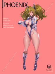  blush boots breasts cleavage english_text female full_body green_eyes green_hair high_heel_boots high_heels highleg highres jacket jacket_over_swimsuit large_breasts last_origin lips navel phoenix_(last_origin) sleeves_past_wrists smile solo swimsuit thighs toriseru_(rare_stone) twintails 