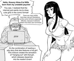  1boy artist_self-insert asus bb_(baalbuddy) breasts commentary computer crop_top cropped_shirt denim denim_shorts desk english_commentary english_text facial_hair female greyscale hand_on_own_hip hand_on_own_leg highres hime_cut hime_cut_wife_(baalbuddy) laptop large_breasts long_hair monochrome original plunging_neckline shorts simple_background sitting speech_bubble stubble tank_top white_background 