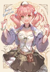  :d atelier_(series) atelier_escha_&amp;_logy belt_pouch blush bracelet braid breasts brown_skirt choker cleavage copyright_name cropped_jacket escha_malier female frilled_skirt frills fur_trim green_eyes hat highres jacket jewelry le21day long_hair looking_at_viewer medium_breasts open_mouth pink_hair pouch purple_jacket shirt skirt smile solo twintails white_hat white_shirt 