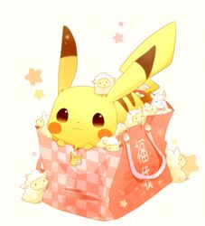  bag brown_eyes closed_mouth commentary in_bag in_container looking_at_viewer no_humans pikachu pokemon pokemon_(creature) shopping_bag smile star_(symbol) tail translated ushiina 