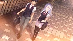  1boy :d ^_^ arima_kyouya asamori_mitsuki bag black_hair black_legwear black_vest boku_no_mirai_wa_koi_to_kakin_to breasts brown_footwear closed_eyes collared_shirt dress_shirt dusk female food-themed_hair_ornament full_body game_cg grey_pants hair_ornament highres holding holding_bag lens_flare loafers long_hair medium_breasts miniskirt necktie nironiro outdoors pants plaid plaid_skirt pleated_skirt red_necktie school_bag school_uniform shirt shoes short_hair short_sleeves skirt smile strawberry_hair_ornament thighhighs twintails vest walking white_hair white_shirt white_skirt wing_collar zettai_ryouiki 