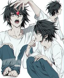  1boy barefoot black_eyes black_hair commentary_request death_note eating food fruit highres holding holding_food holding_fruit korean_commentary l_(death_note) long_sleeves looking_to_the_side m_m_pb male_focus multiple_views open_mouth short_hair strawberry 