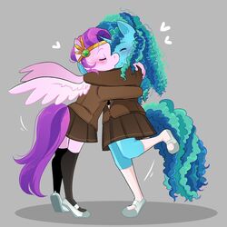  2023 anthro anthrofied blue_body blue_hair blue_tail blush bottomwear brown_clothing closed_eyes clothing crown curled_hair digital_media_(artwork) duo embrace equid equine feathered_wings feathers female female/female footwear fur grey_background hair hasbro headgear heart hi_res horn hug kissing long_hair mammal misty_(g5) mlp_g5 multicolored_hair my_little_pony pegasus pink_body pink_feathers pink_fur pipp_petals_(mlp) purple_hair purple_tail school_uniform shoes simple_background skirt socks stevetwisp tail two_tone_hair two_tone_tail unicorn uniform wings 